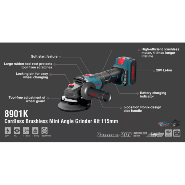 Ronix 8901 – 20V bešepetėlis kampinis šlifuoklis (115 mm)