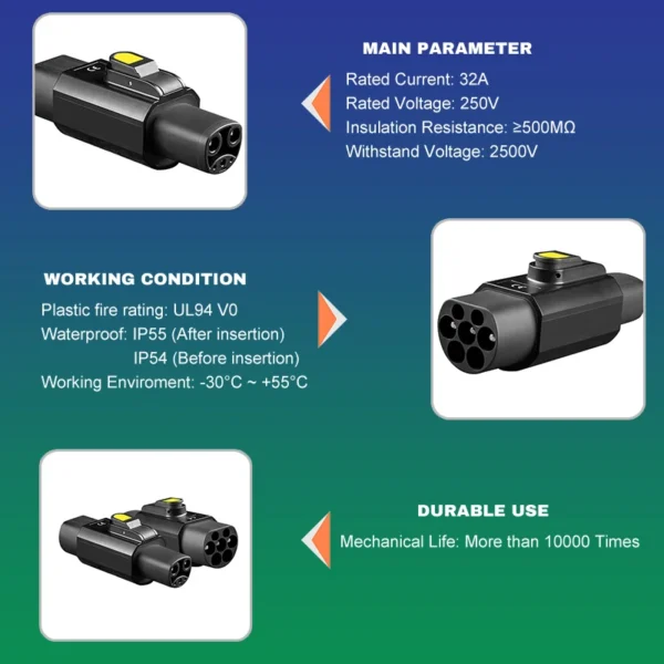 AC-Single-Phase-220V-32A-Electric-Car-Connector-Type-2-EV-Charger-Type-2-to-Tesla-Adapter-4.webp Type 2 į Tesla NACS adapteris 32A EV įkrovimui