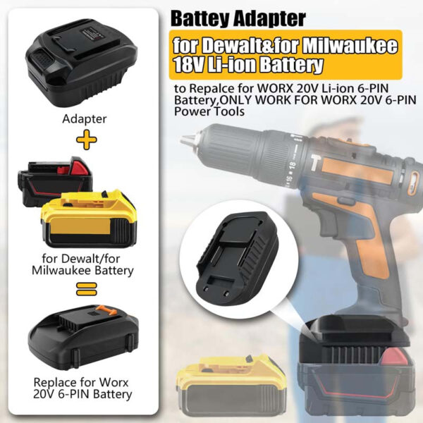 PowuseMilwaukeeDewalttoWorx6PINBatteryAdapter_3.jpg Worx 20V - Dewalt 18V/20V akumuliatoriaus adapteris