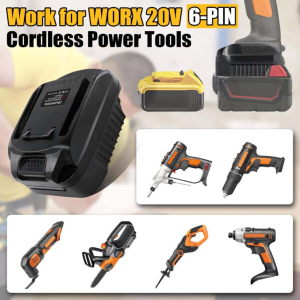 PowuseMilwaukeeDewalttoWorx6PINBatteryAdapter_5.jpg Worx 20V - Dewalt 18V/20V akumuliatoriaus adapteris