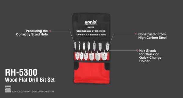 Ronix RH-5300 plokščių medžio grąžtų rinkinys 13 vnt.
