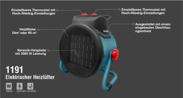 Ronix 1191 elektrinis šildytuvas 3000 W